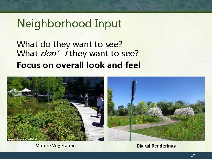 Neighborhood Input What do they want to see? What don’t they want to see?