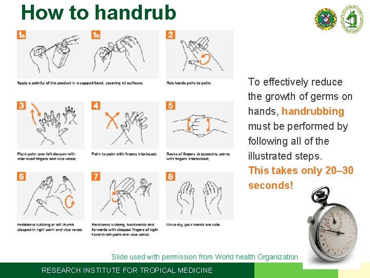 How to handrub To effectively reduce the growth of germs on hands, handrubbing must