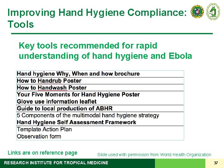 Improving Hand Hygiene Compliance: Tools Key tools recommended for rapid understanding of hand hygiene