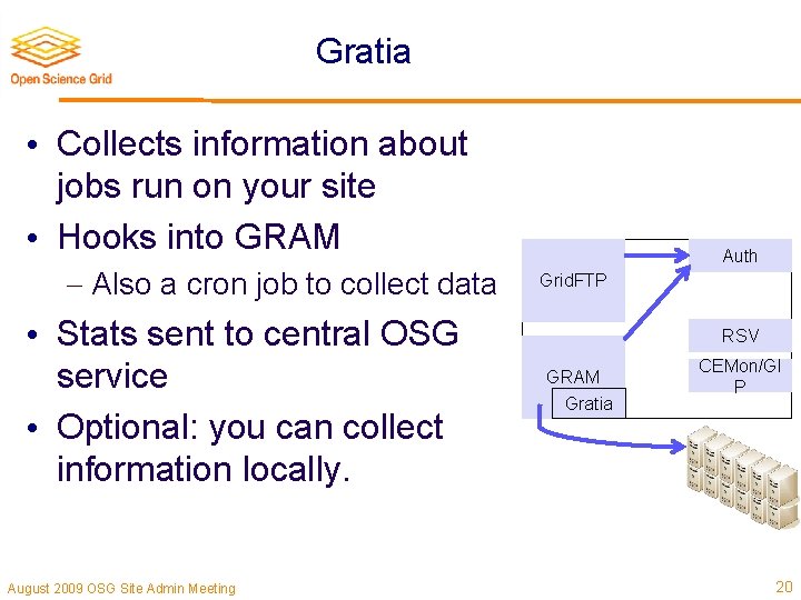 Gratia • Collects information about jobs run on your site • Hooks into GRAM