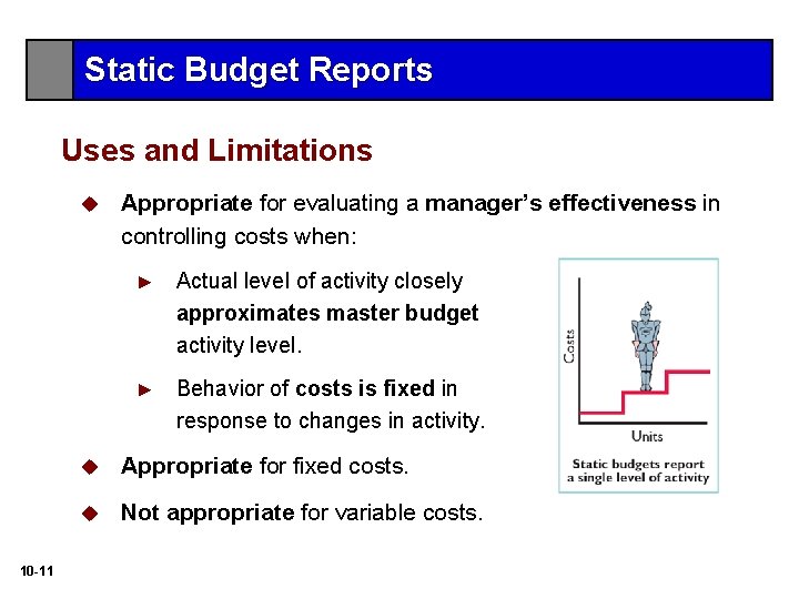 Static Budget Reports Uses and Limitations u 10 -11 Appropriate for evaluating a manager’s