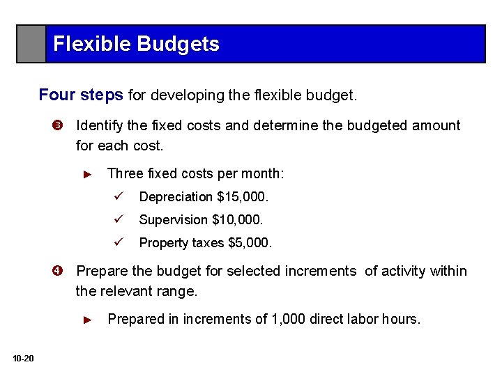 Flexible Budgets Four steps for developing the flexible budget. Identify the fixed costs and