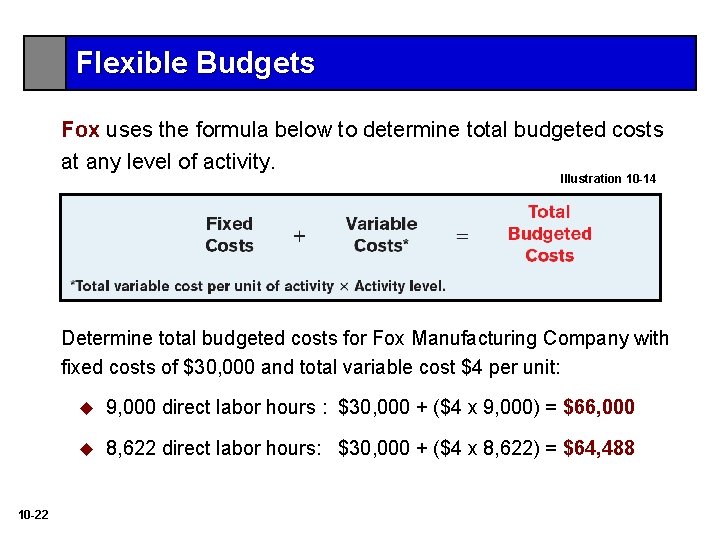 Flexible Budgets Fox uses the formula below to determine total budgeted costs at any