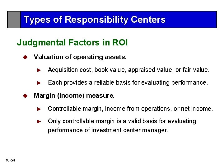 Types of Responsibility Centers Judgmental Factors in ROI u u 10 -54 Valuation of