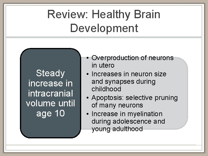 Review: Healthy Brain Development Steady increase in intracranial volume until age 10 • Overproduction