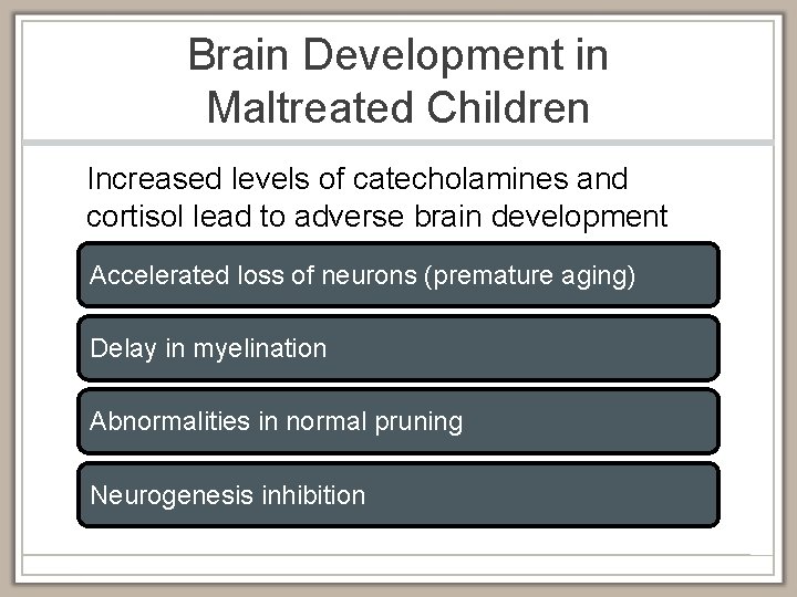Brain Development in Maltreated Children Increased levels of catecholamines and cortisol lead to adverse