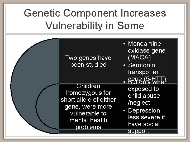 Genetic Component Increases Vulnerability in Some Two genes have been studied Children homozygous for
