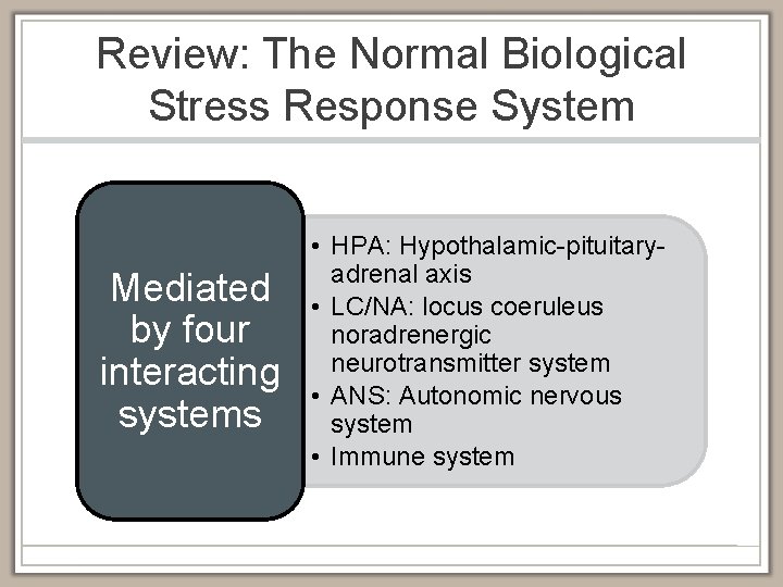 Review: The Normal Biological Stress Response System Mediated by four interacting systems • HPA: