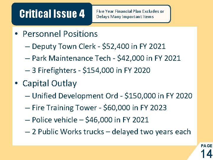 Critical Issue 4 Five Year Financial Plan Excludes or Delays Many Important Items •