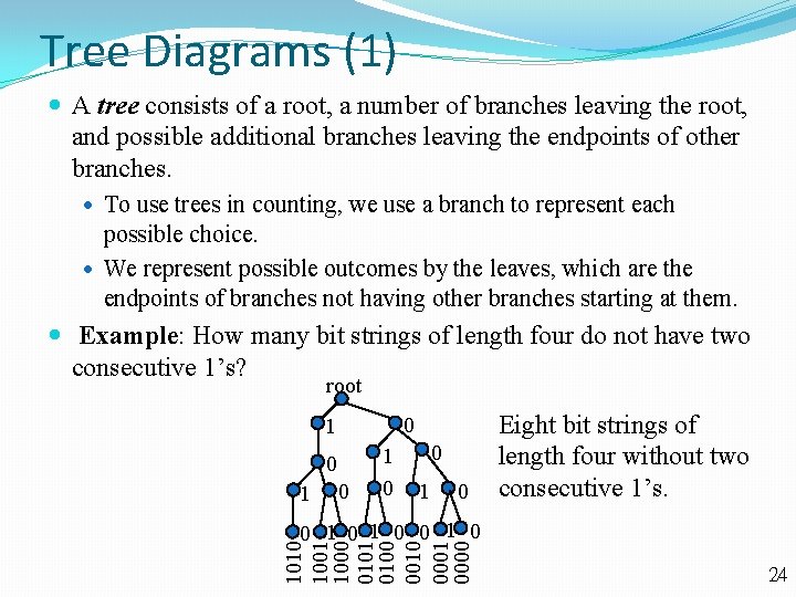Tree Diagrams (1) A tree consists of a root, a number of branches leaving