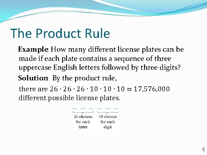 The Product Rule Example: How many different license plates can be made if each