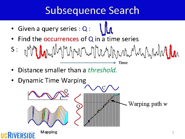 Subsequence Search • Given a query series : Q : • Find the occurrences