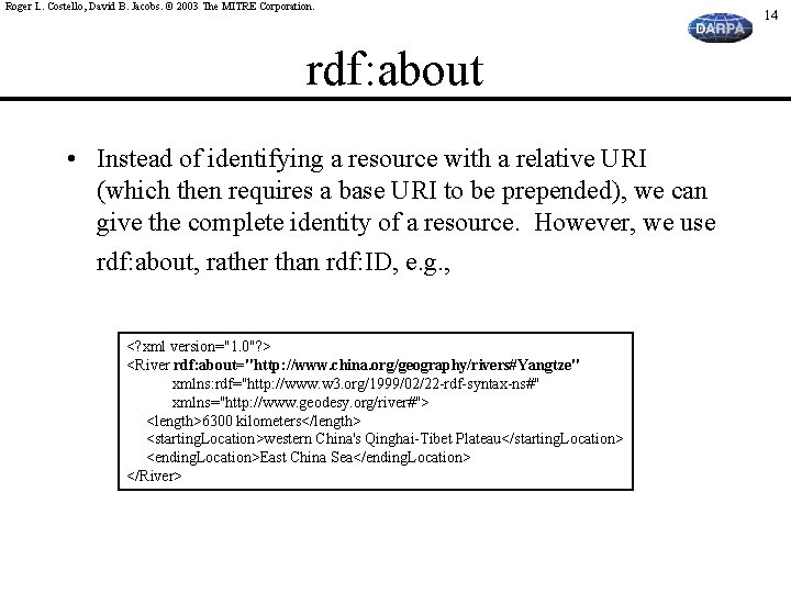 Roger L. Costello, David B. Jacobs. © 2003 The MITRE Corporation. rdf: about •