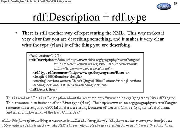 Roger L. Costello, David B. Jacobs. © 2003 The MITRE Corporation. 19 rdf: Description