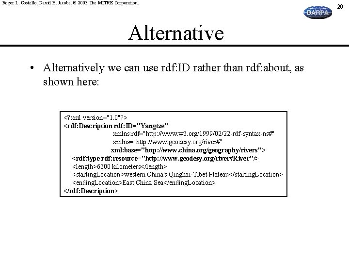 Roger L. Costello, David B. Jacobs. © 2003 The MITRE Corporation. Alternative • Alternatively