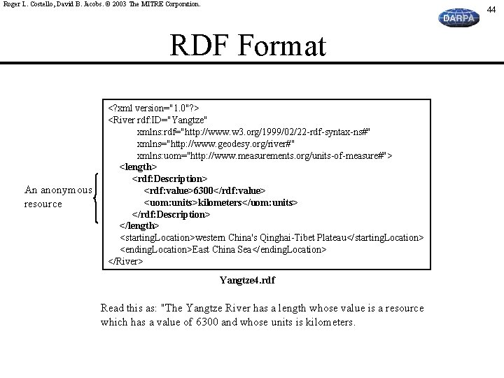 Roger L. Costello, David B. Jacobs. © 2003 The MITRE Corporation. 44 RDF Format