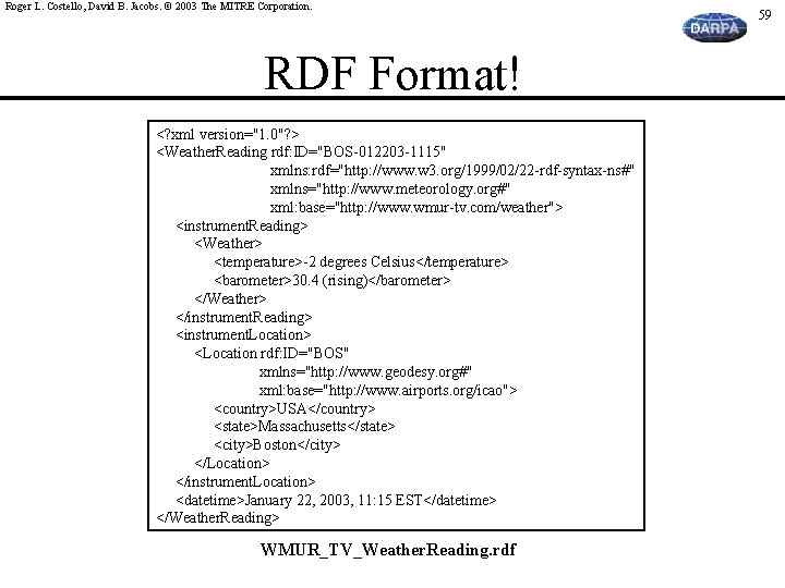 Roger L. Costello, David B. Jacobs. © 2003 The MITRE Corporation. RDF Format! <?