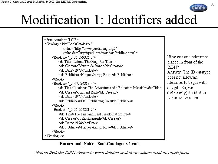 Roger L. Costello, David B. Jacobs. © 2003 The MITRE Corporation. 70 Modification 1: