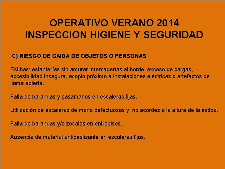 OPERATIVO VERANO 2014 INSPECCION HIGIENE Y SEGURIDAD C) RIESGO DE CAIDA DE OBJETOS O