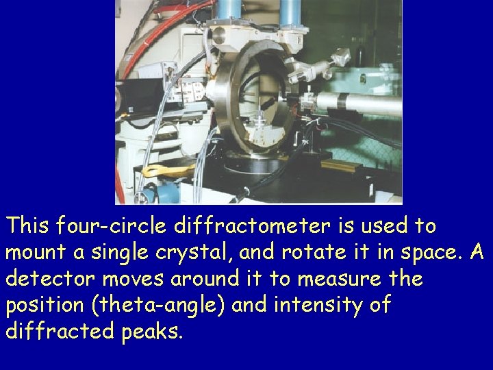 This four-circle diffractometer is used to mount a single crystal, and rotate it in