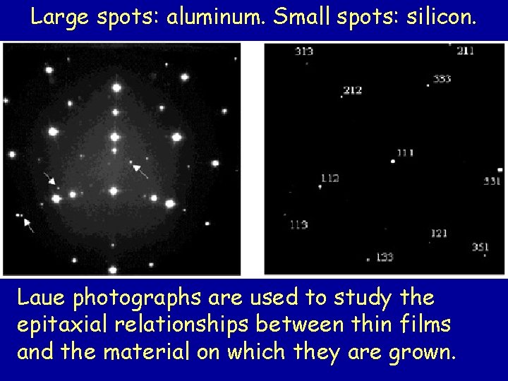 Large spots: aluminum. Small spots: silicon. Laue photographs are used to study the epitaxial