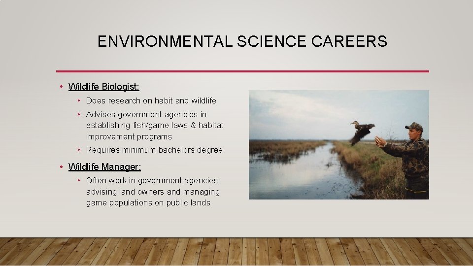 ENVIRONMENTAL SCIENCE CAREERS • Wildlife Biologist: • Does research on habit and wildlife •
