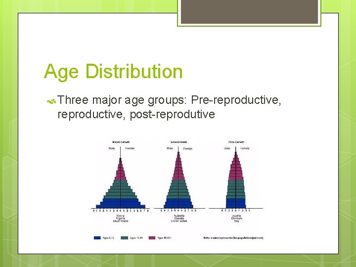 Age Distribution Three major age groups: Pre-reproductive, post-reprodutive 