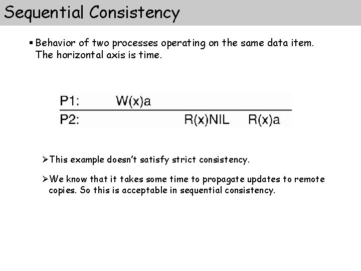 Sequential Consistency § Behavior of two processes operating on the same data item. The Sequential Consistency § Behavior of two processes operating on the same data item. The