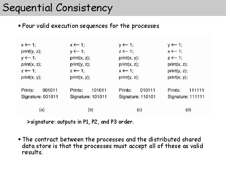 Sequential Consistency § Four valid execution sequences for the processes Øsignature: outputs in P Sequential Consistency § Four valid execution sequences for the processes Øsignature: outputs in P