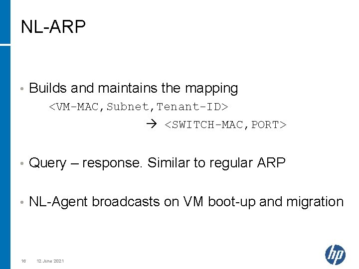 NL-ARP • Builds and maintains the mapping <VM-MAC, Subnet, Tenant-ID> <SWITCH-MAC, PORT> • Query