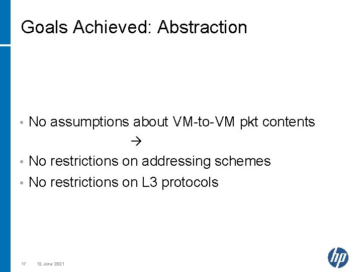 Goals Achieved: Abstraction • No assumptions about VM-to-VM pkt contents No restrictions on addressing