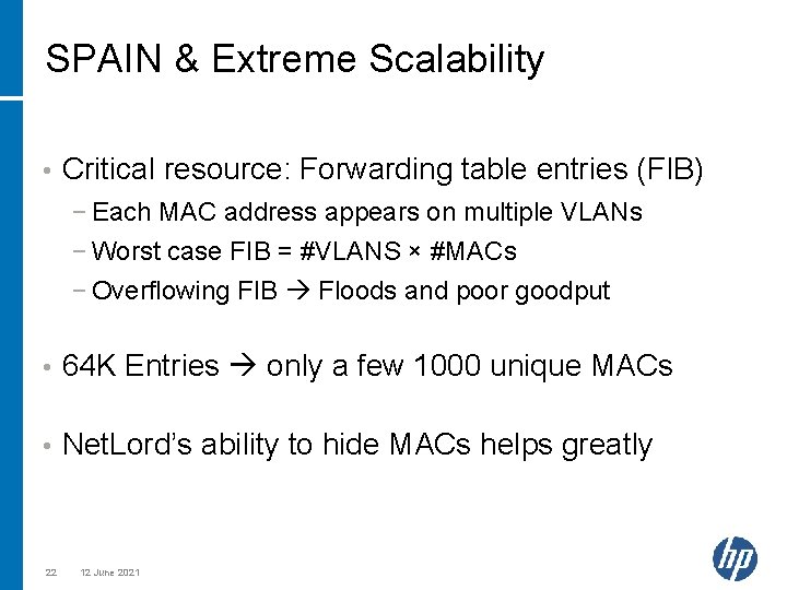 SPAIN & Extreme Scalability • Critical resource: Forwarding table entries (FIB) − Each MAC