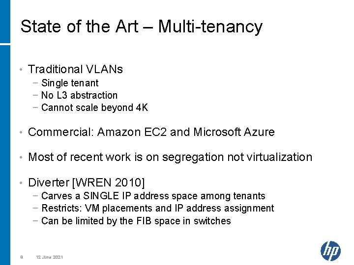 State of the Art – Multi-tenancy • Traditional VLANs − Single tenant − No