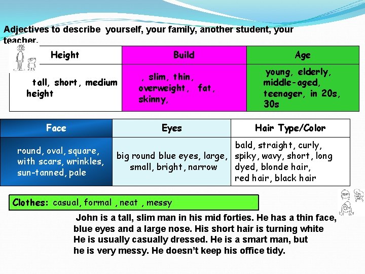 Adjectives to describe yourself, your family, another student, your teacher. Height Describing People. Build