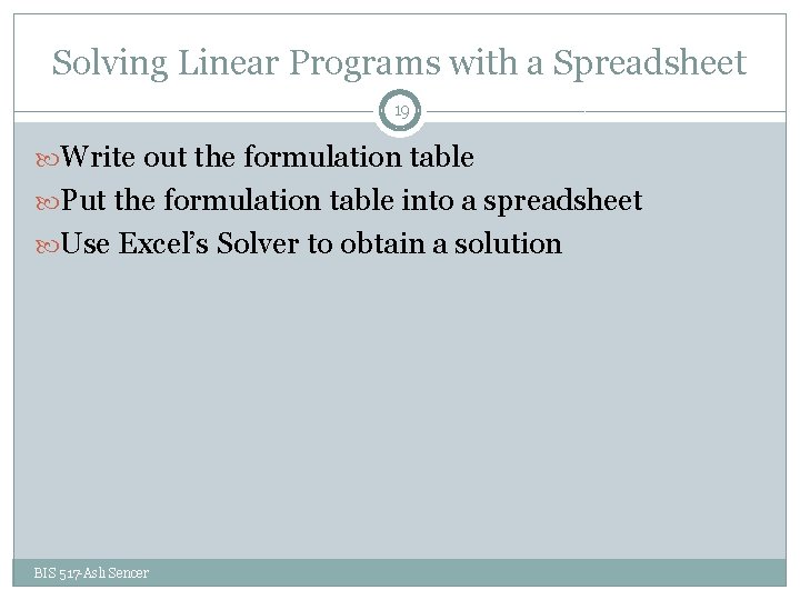 Solving Linear Programs with a Spreadsheet 19 Write out the formulation table Put the