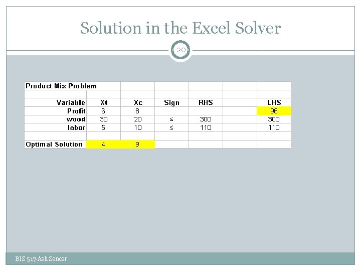 Solution in the Excel Solver 20 BIS 517 -Aslı Sencer 