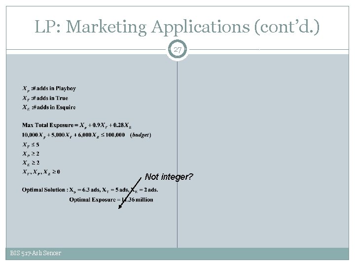 LP: Marketing Applications (cont’d. ) 27 Not integer? BIS 517 -Aslı Sencer 