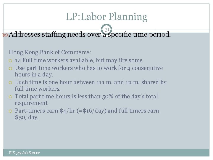 LP: Labor Planning 31 Addresses staffing needs over a specific time period. Hong Kong