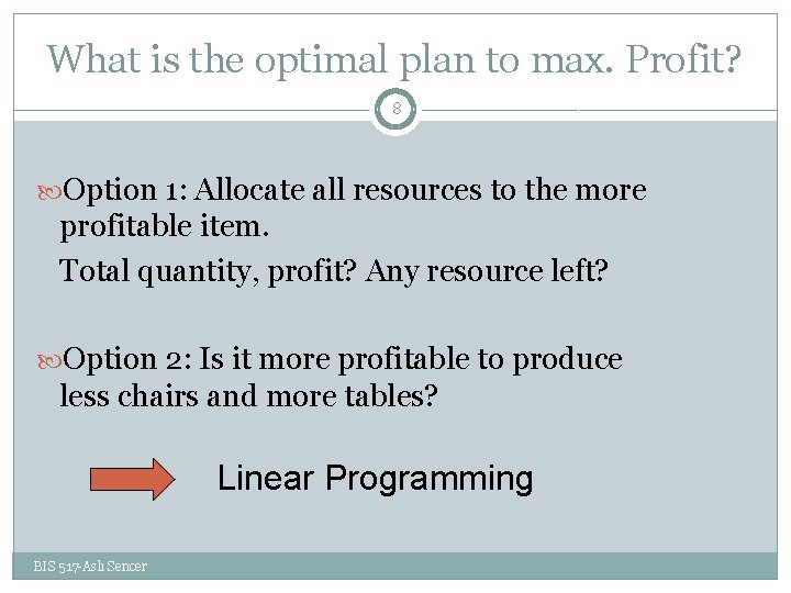 What is the optimal plan to max. Profit? 8 Option 1: Allocate all resources