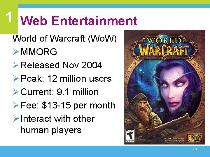1 Web Entertainment World of Warcraft (Wo. W) Ø MMORG Ø Released Nov 2004