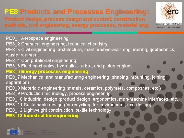 PE 8 Products and Processes Engineering: Product design, process design and control, construction methods,