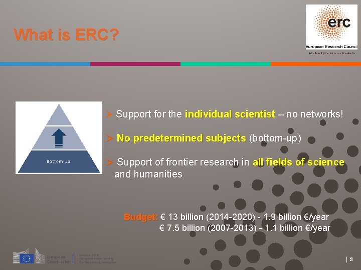 What is ERC? Established by the European Commission Support for the individual scientist –