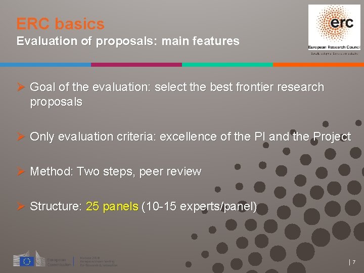 ERC basics Evaluation of proposals: proposals main features Established by the European Commission Goal