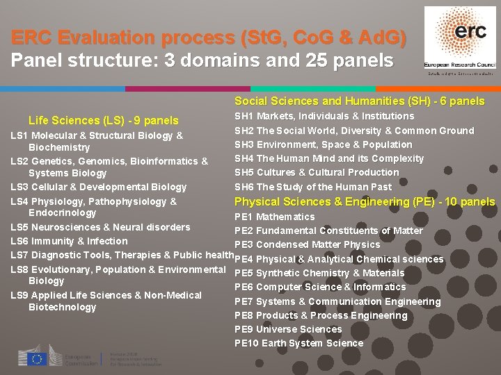 ERC Evaluation process (St. G, Co. G & Ad. G) Panel structure: 3 domains