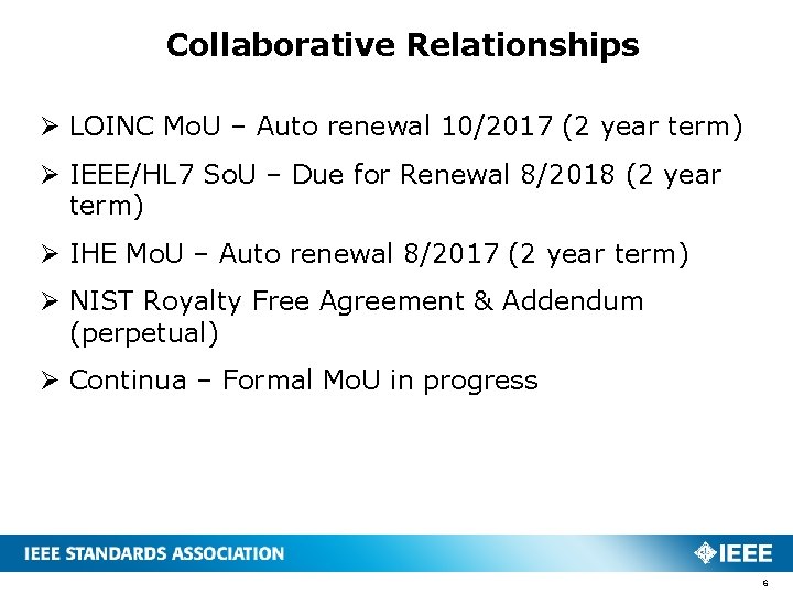 Collaborative Relationships Ø LOINC Mo. U – Auto renewal 10/2017 (2 year term) Ø