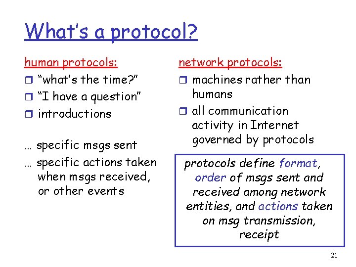 What’s a protocol? human protocols: r “what’s the time? ” r “I have a
