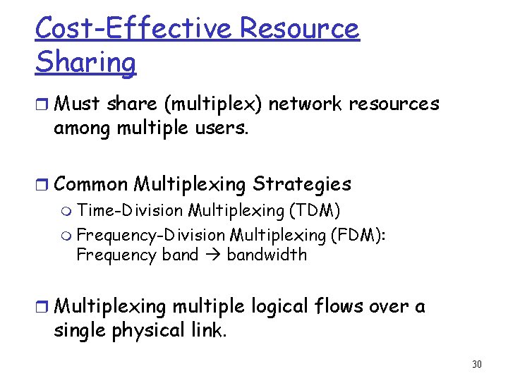 Cost-Effective Resource Sharing r Must share (multiplex) network resources among multiple users. r Common