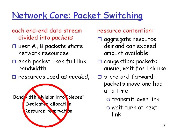 Network Core: Packet Switching each end-end data stream divided into packets r user A,