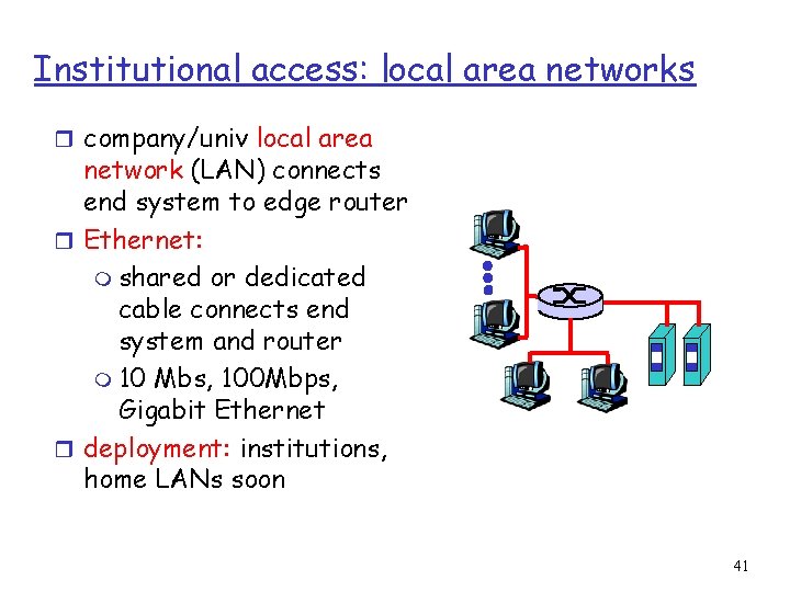 Institutional access: local area networks r company/univ local area network (LAN) connects end system