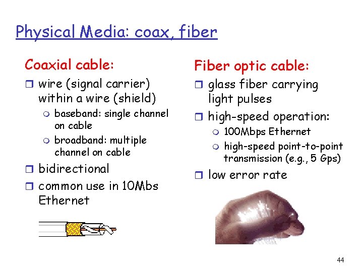 Physical Media: coax, fiber Coaxial cable: r wire (signal carrier) within a wire (shield)